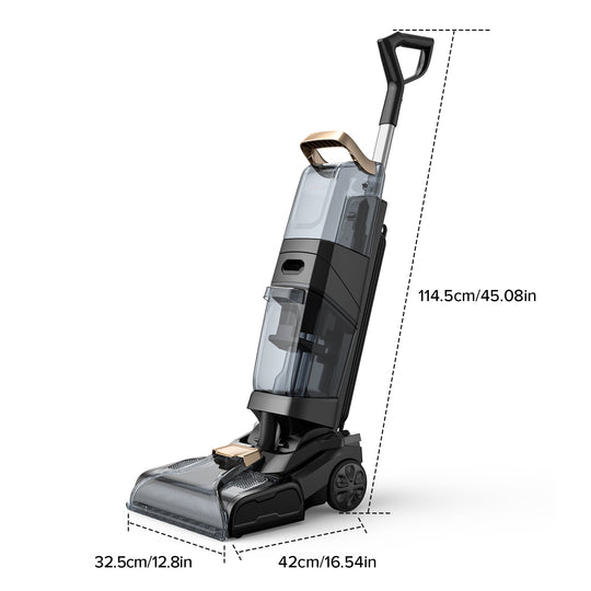 Vacuum cleaner with dimensions labeled on a white background