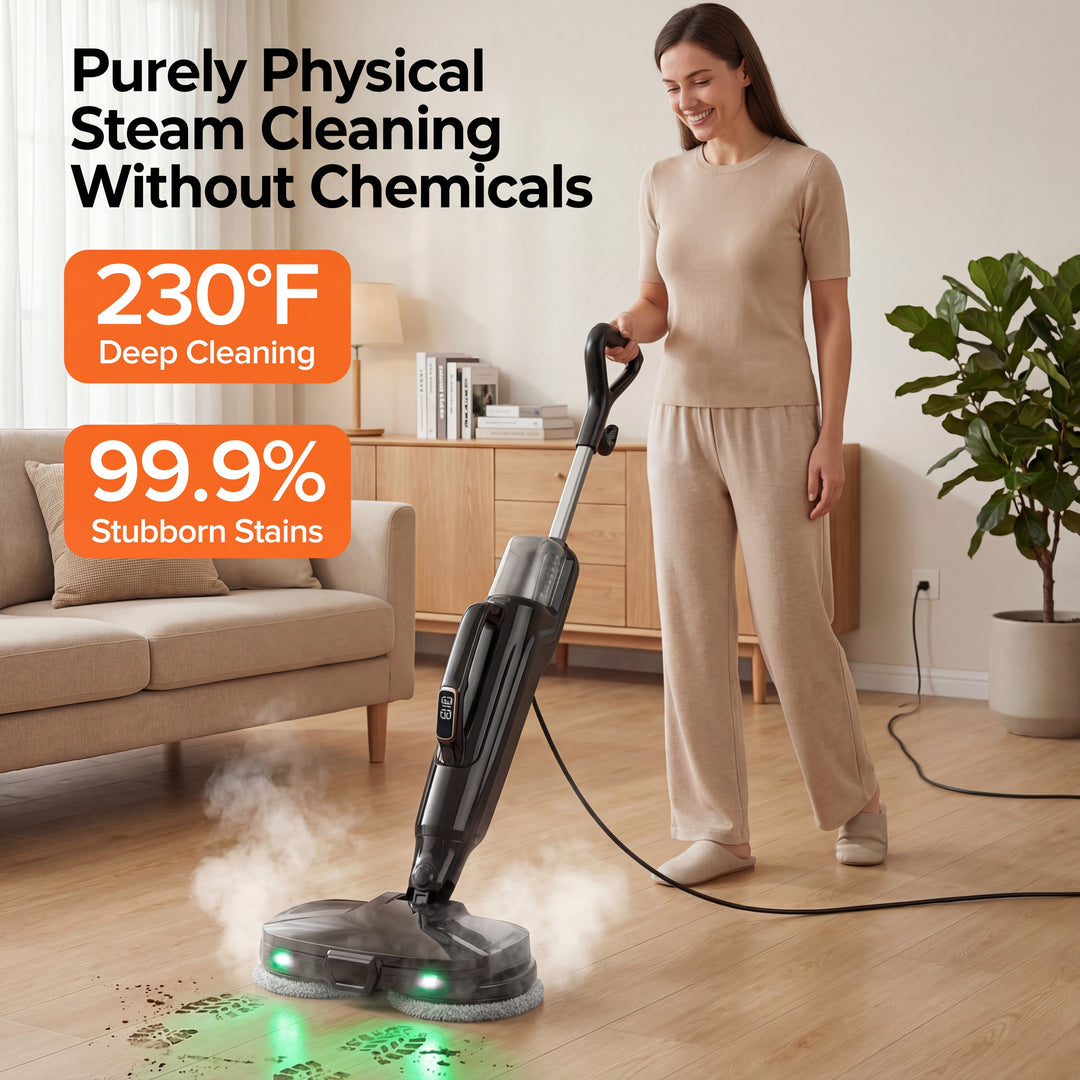 Woman using a steam cleaner to clean a wooden floor in a living room.