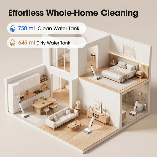 Model of a house with a cleaning device in each room, highlighting effortless whole-home cleaning.