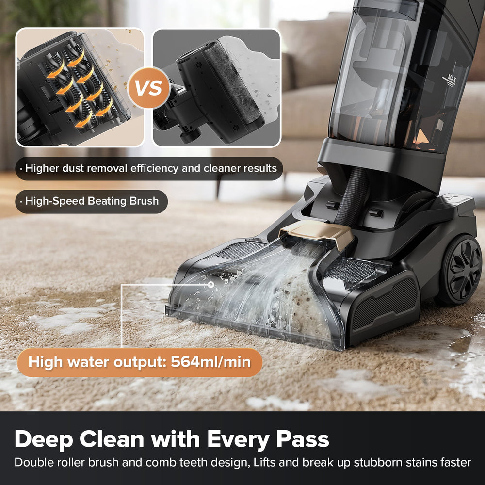 Vacuum cleaner cleaning a carpet with text highlighting features and benefits.