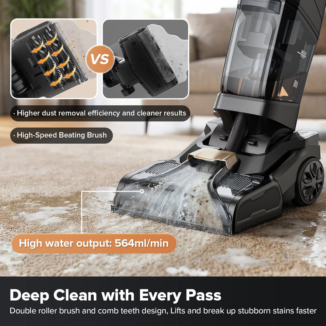 Vacuum cleaner cleaning a carpet with text highlighting features and benefits.
