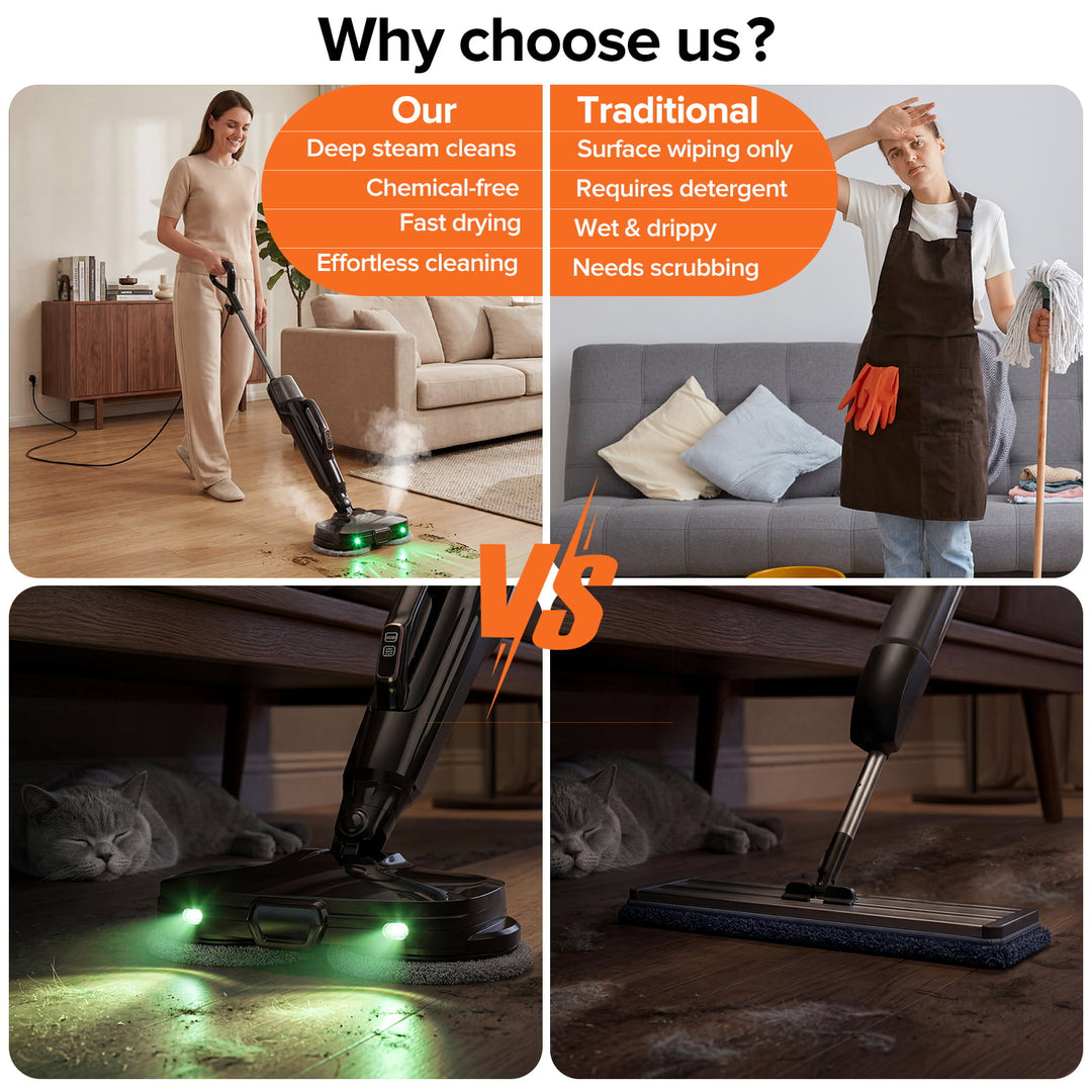 Comparison of deep steam cleaning with traditional surface wiping methods in a living room setting.