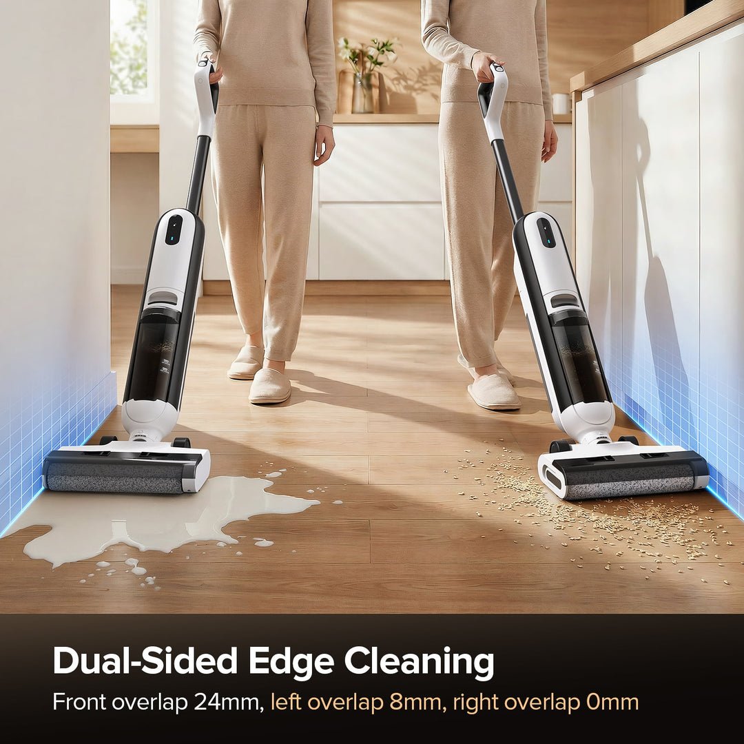Two people using dual-sided edge cleaning vacuums on a wooden floor.