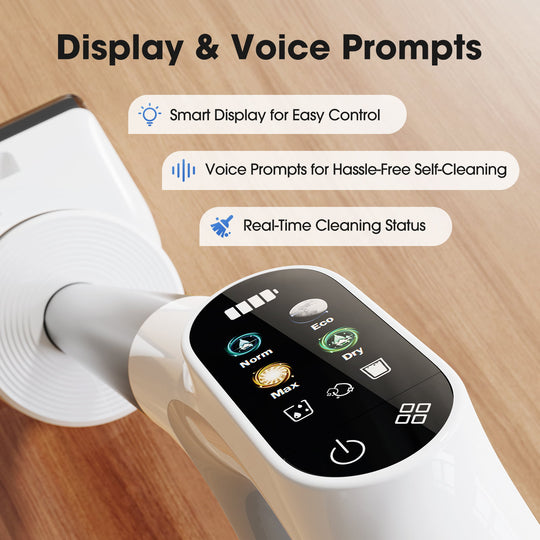 Smart cleaning device with display and voice prompts on a wooden surface