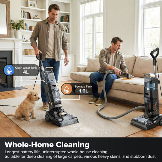 Two men using a vacuum cleaner in a living room with a dog.