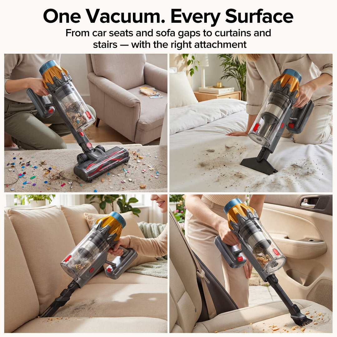 A 2x2 collage showing a cordless stick vacuum cleaner being used to clean different surfaces: a carpeted floor, a sofa, a bed, and a car seat. The top text reads, 'One Vacuum.