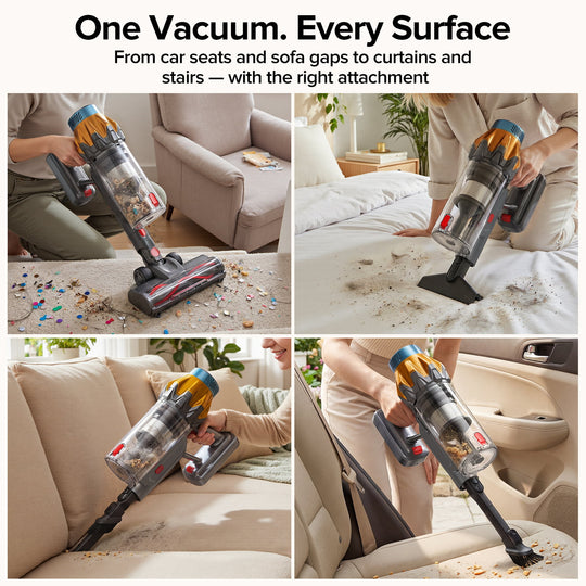 A 2x2 collage showing a cordless stick vacuum cleaner being used to clean different surfaces: a carpeted floor, a sofa, a bed, and a car seat. The top text reads, 'One Vacuum.