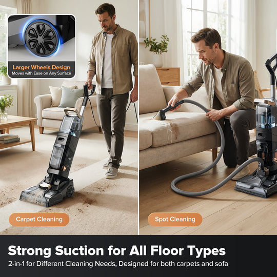 Man using a vacuum cleaner to clean a carpet and a spot on a sofa in a living room.
