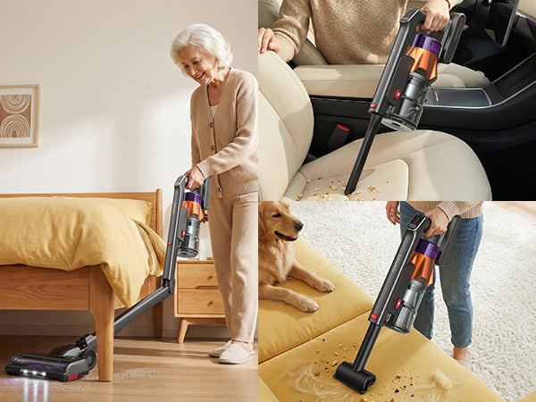 Woman using a cordless vacuum cleaner in various cleaning scenarios with a dog.