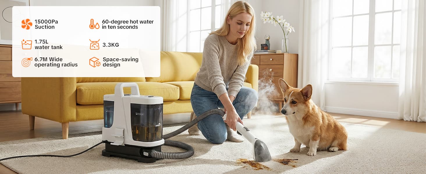 Woman using a vacuum cleaner on a carpet with a dog watching, in a living room setting.