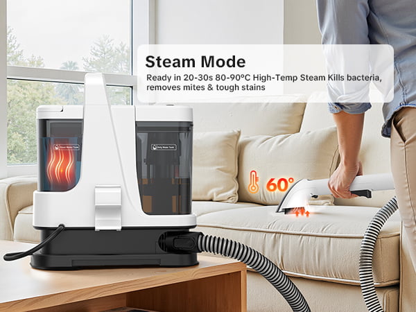Steam cleaner on a table with text about steam mode and cleaning benefits, in a home setting.