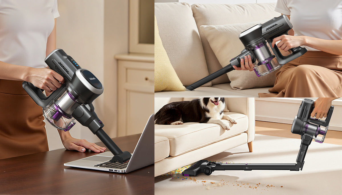Multifunctional vacuum cleaner being used in various settings around a living room.