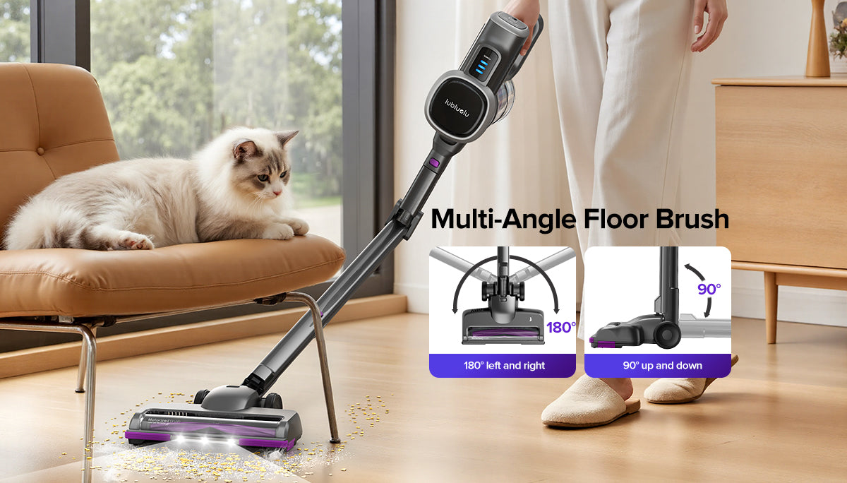 Person using a cordless vacuum cleaner with a multi-angle floor brush in a living room.