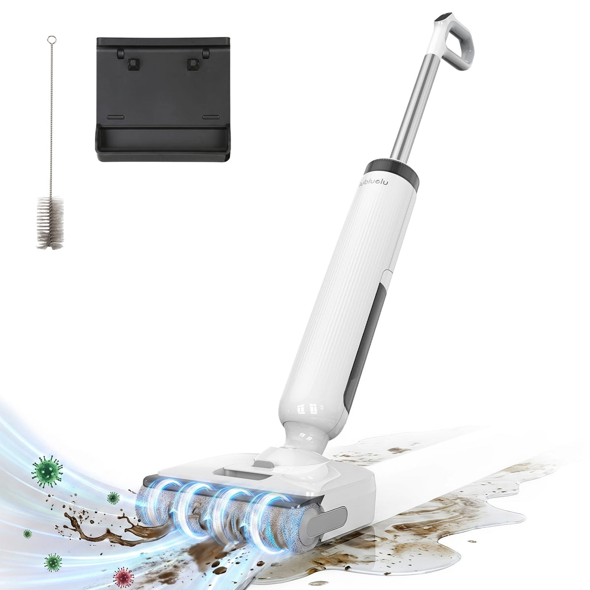 A white and silver handheld steam cleaner shown on a white background with a cleaning brush and a black cleaning pad included. The cleaner is depicted with blue steam effects and a brown stain on a white surface.