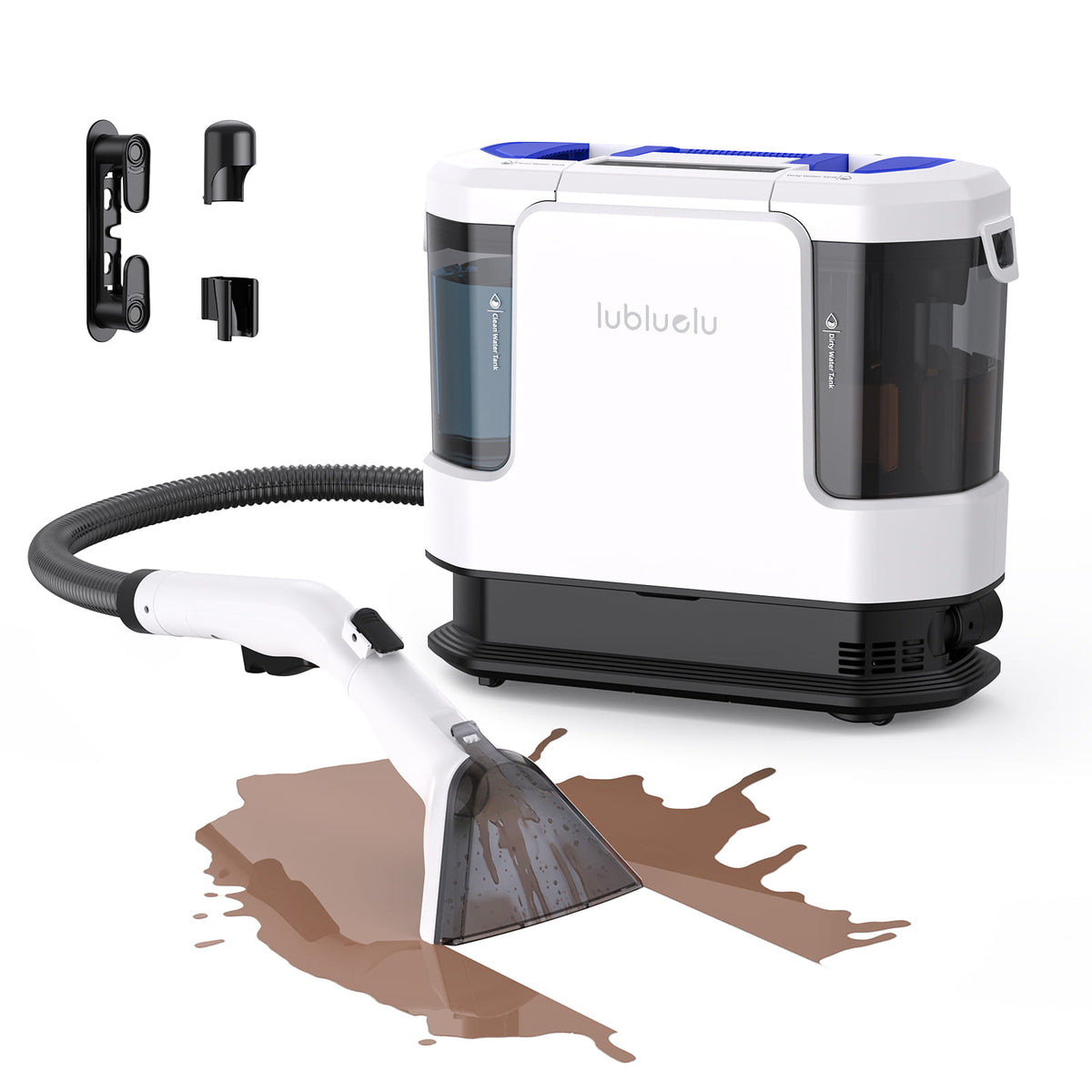 A portable water-dripping removal machine by lubluelu, featuring a white and black body with blue accents, shown alongside its flexible hose, wand attachment, and a brown liquid spill demonstration on a white background.