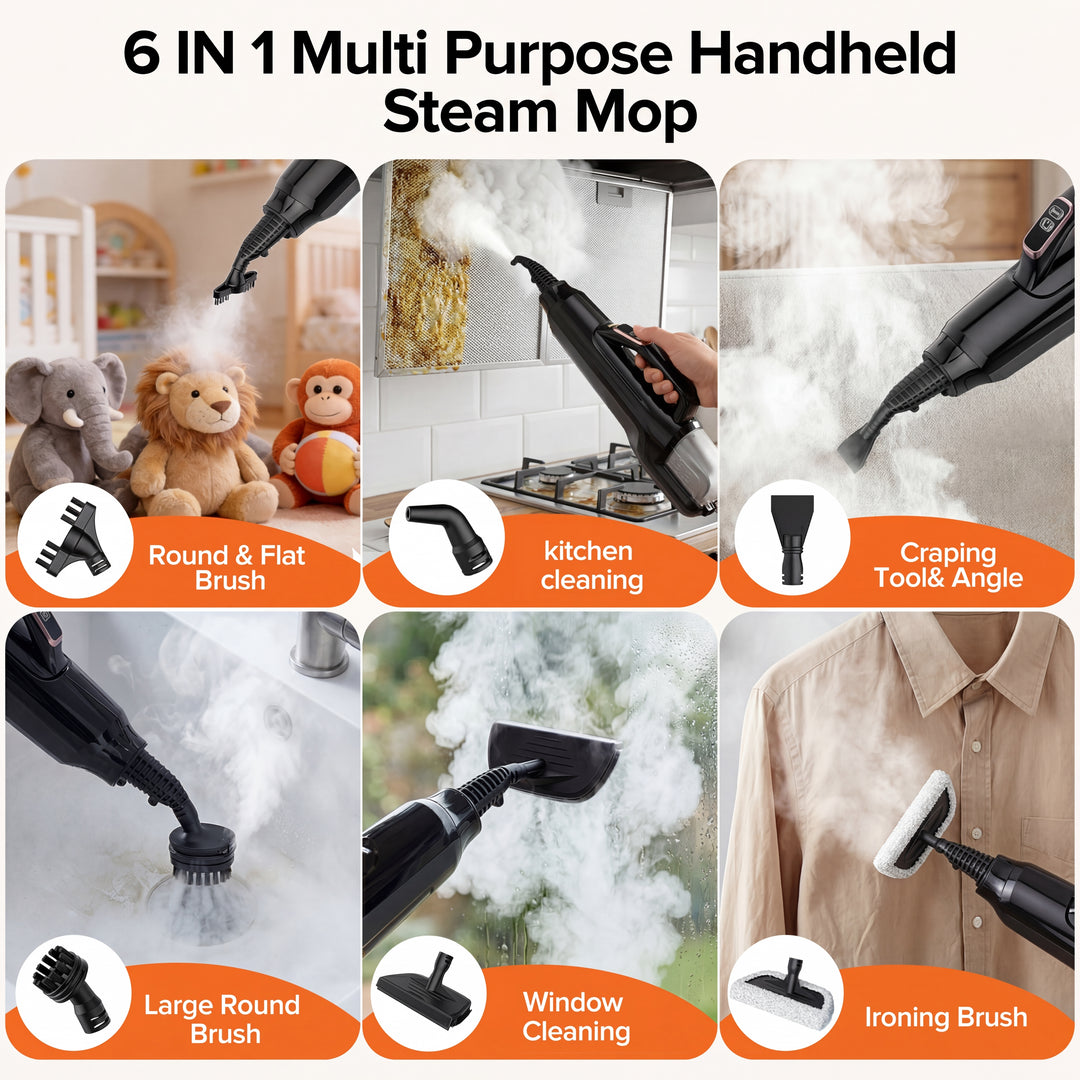 6-in-1 multi-purpose handheld steam mop with various attachments and cleaning applications.