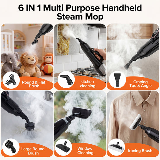 6-in-1 multi-purpose handheld steam mop with various attachments and cleaning applications.