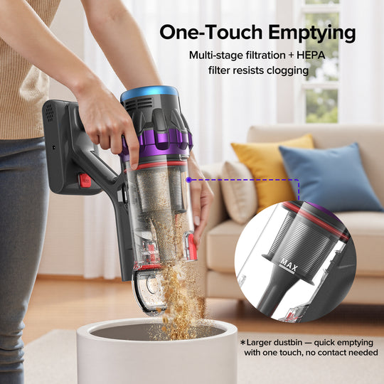 Person using a handheld vacuum cleaner with HEPA filter in a living room.