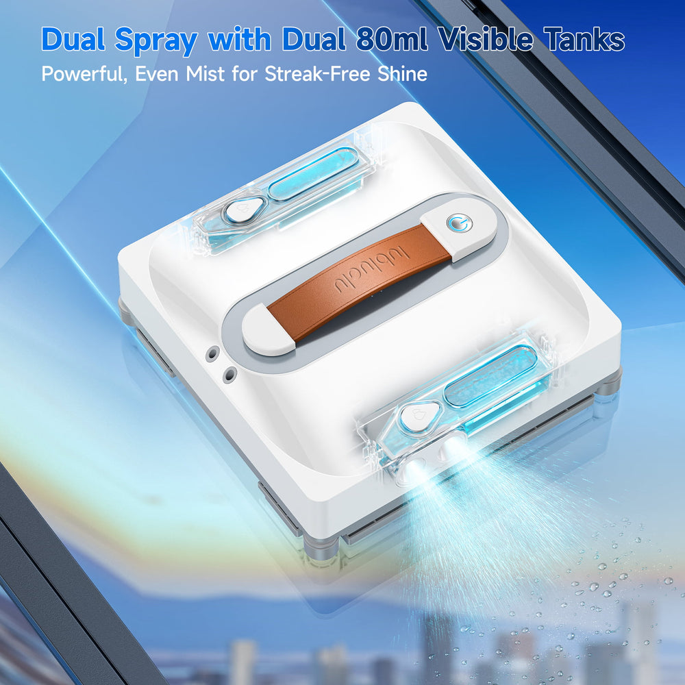 Window cleaning device with dual spray nozzles on a glass surface
