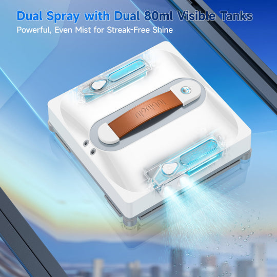 Window cleaning device with dual spray nozzles on a glass surface