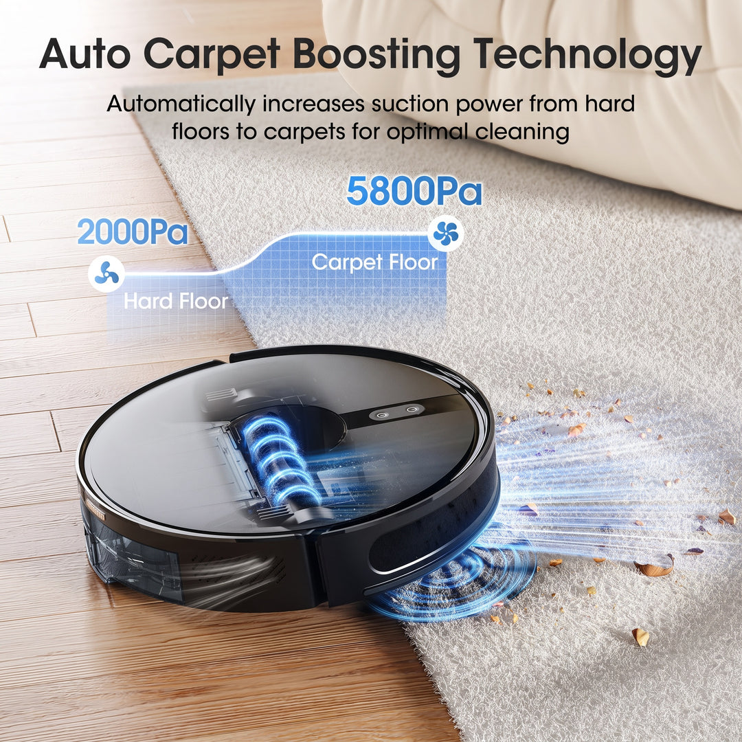 A black round robotic vacuum cleaner shown on a hardwood floor transitioning onto a light carpet, with overlaid marketing text reading 'Auto Carpet Boosting Technology' and pressure figures '2000Pa' and '5800Pa'.